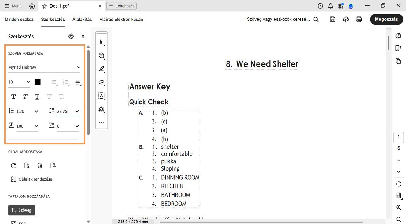 A Szerkesztés panel különböző szövegformázási beállításokat jelenít meg.A dokumentumpanel a felhasználó által szerkesztendő kijelölt szöveget mutatja. – Kép