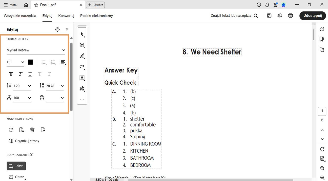 Panel Edycja wyświetla różne opcje formatowania tekstu. Panel dokumentu pokazuje tekst zaznaczony do edycji przez użytkownika. 