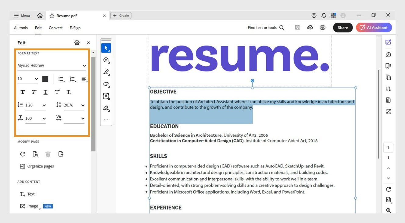 Ipinapakita ng Edit panel ang iba't ibang opsyon sa pag-format ng text. Ipinapakita ng document pane ang napiling text para i-edit ng user., Larawan