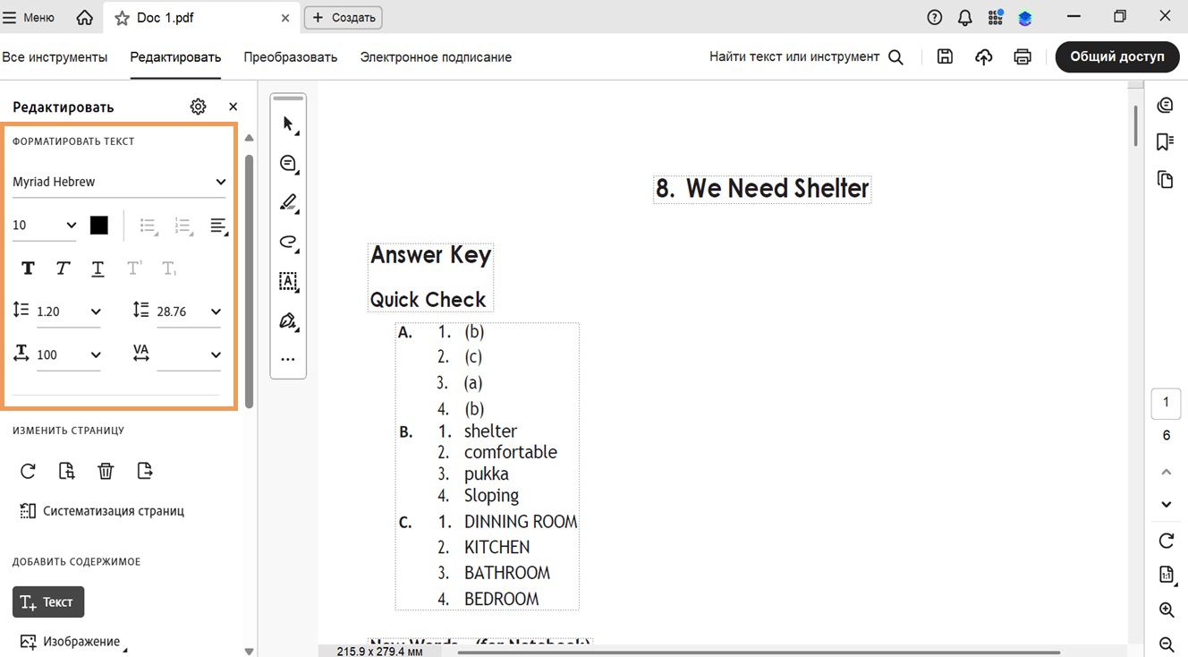 На панели редактирования отображаются различные параметры форматирования текста. На панели документа показан выбранный пользователем текст для редактирования. Изображение