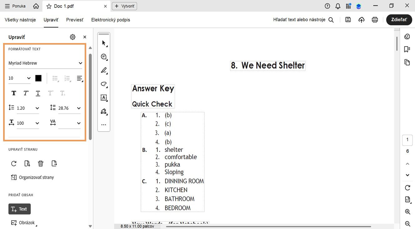 Panel Upraviť zobrazuje rôzne možnosti formátovania textu.Panel dokumentu zobrazuje text vybraný na úpravu používateľom., Obrázok