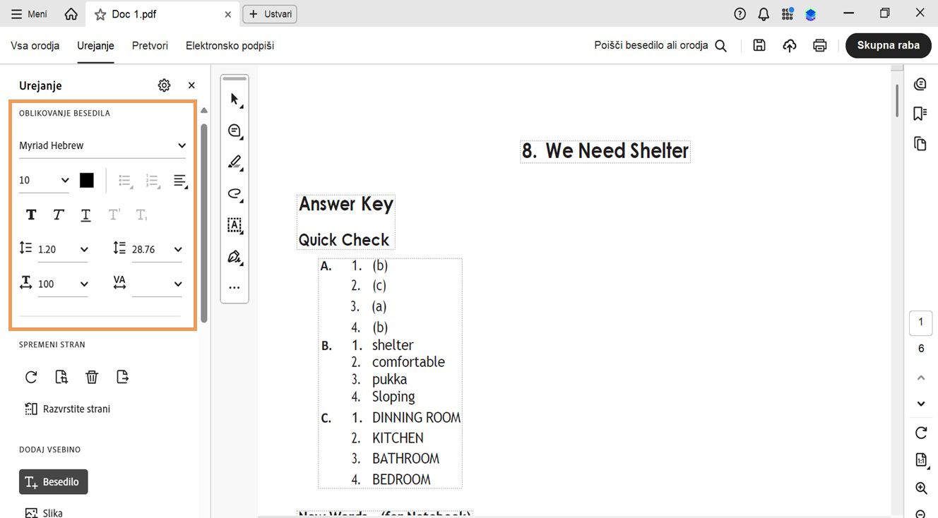 Podokno za urejanje prikazuje različne možnosti oblikovanja besedila. Podokno dokumenta prikazuje besedilo, ki ga je uporabnik izbral za urejanje., Slika