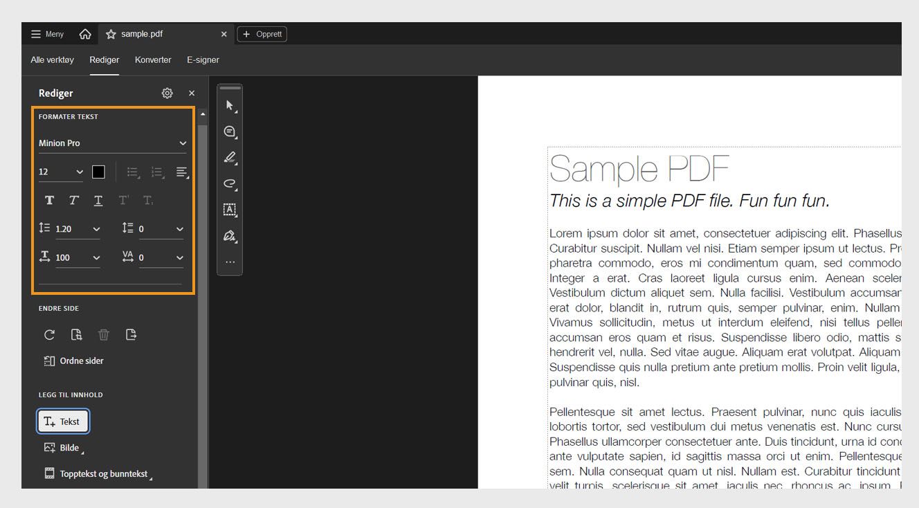 Redigeringspanelet viser ulike tekstformateringsalternativer. Dokumentruten viser teksten som er valgt for brukeren å redigere., Bilde