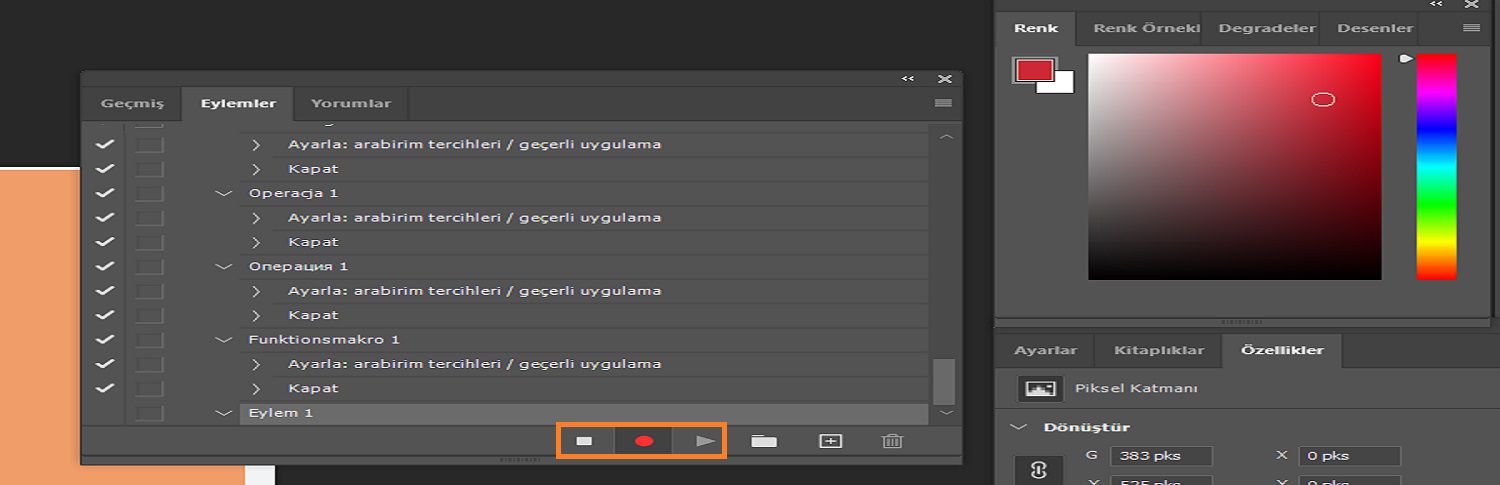 Eylemler panelinde eylemi kaydetmek için Duraklat, Kaydet ve Oynat düğmeleri vurgulanmış.