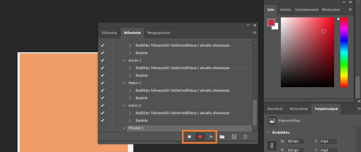 A Műveletek panelen a Szünet, Felvétel és Lejátszás gomb ki van emelve a műveletrögzítéshez.