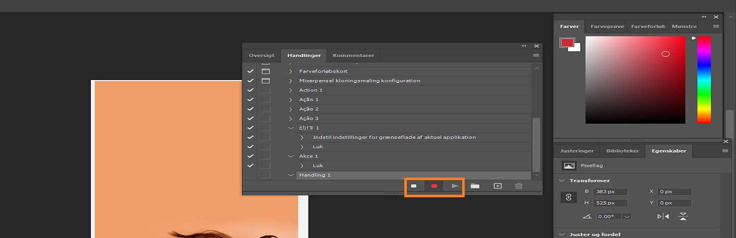 I panelet Handlinger er knapperne Pause, Optag og Afspil fremhævet for at optage en handling.