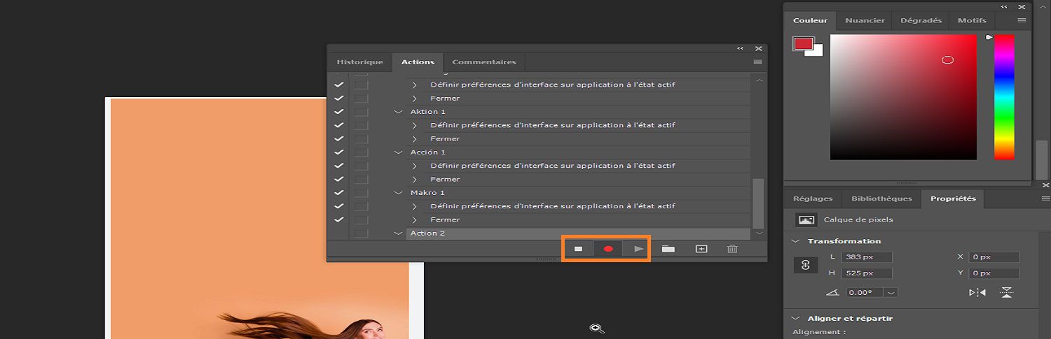 Dans le panneau Actions, le bouton Pause, Enregistrement et Lecture est mis en surbrillance pour enregistrer l’action.