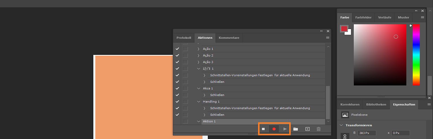Im Aktionen-Panel sind die Buttons Pause, Aufzeichnen und Wiedergabe markiert, um eine Aktion aufzuzeichnen.