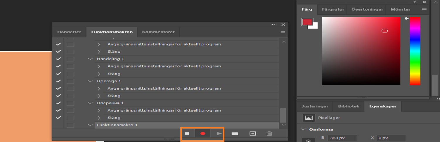 I Åtgärdspanelen är knapparna Pausa, Spela in och Spela upp markerade för att spela in åtgärder.