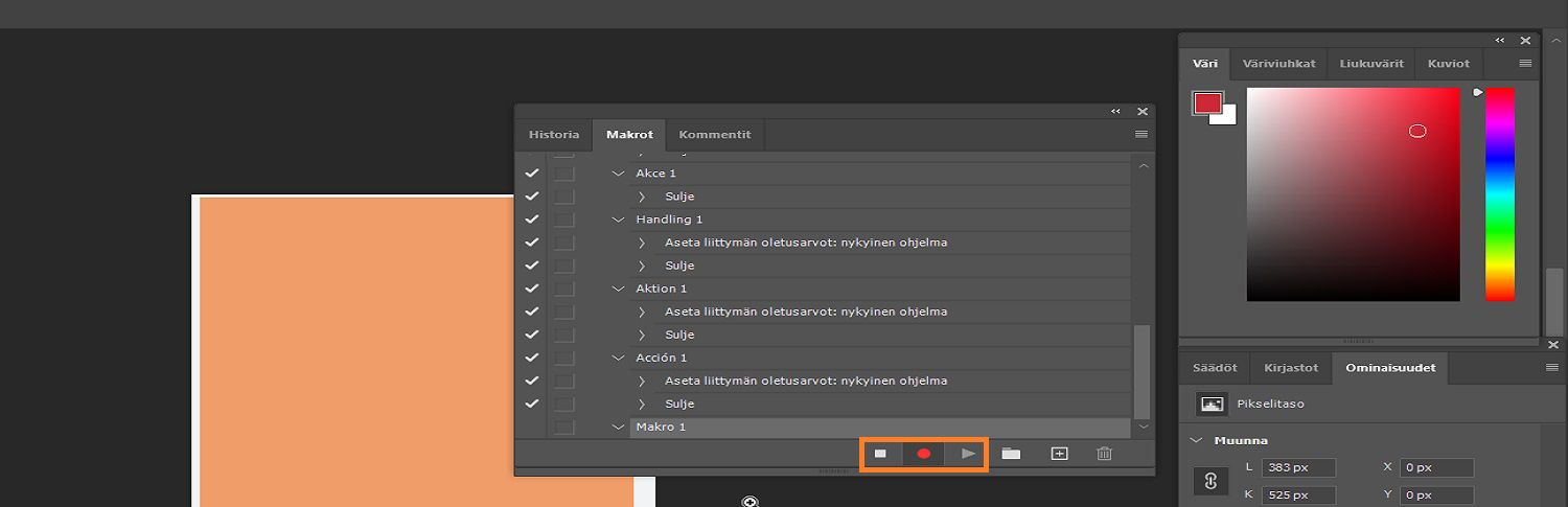 Makrot-paneelissa makron nauhoittamisessa käytettävät Keskeytä-, Nauhoita- ja Toista-painikkeet on korostettu.