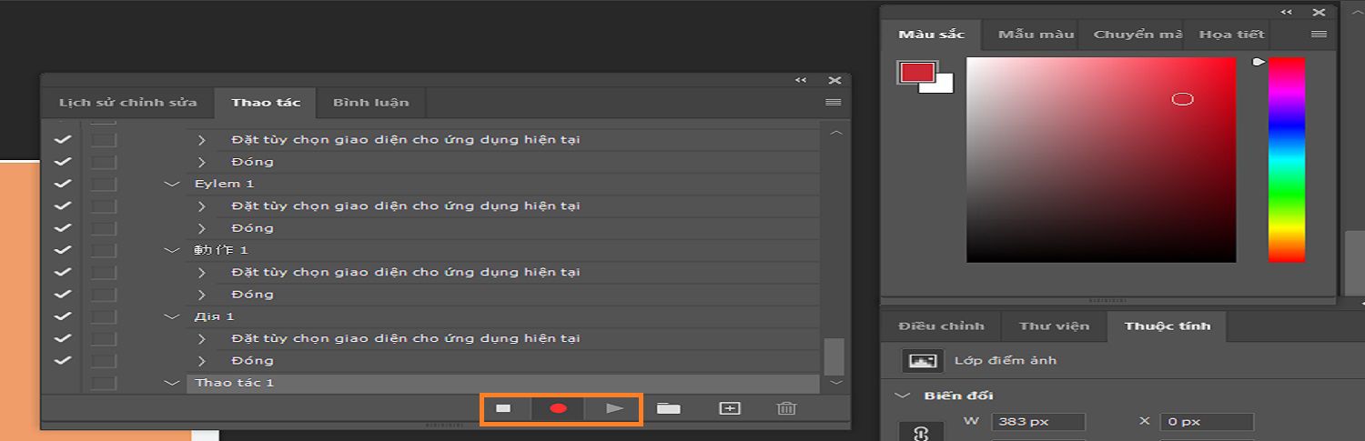 Trong bảng Thao tác, nút Tạm dừng, Ghi và Phát được làm nổi bật để ghi thao tác.