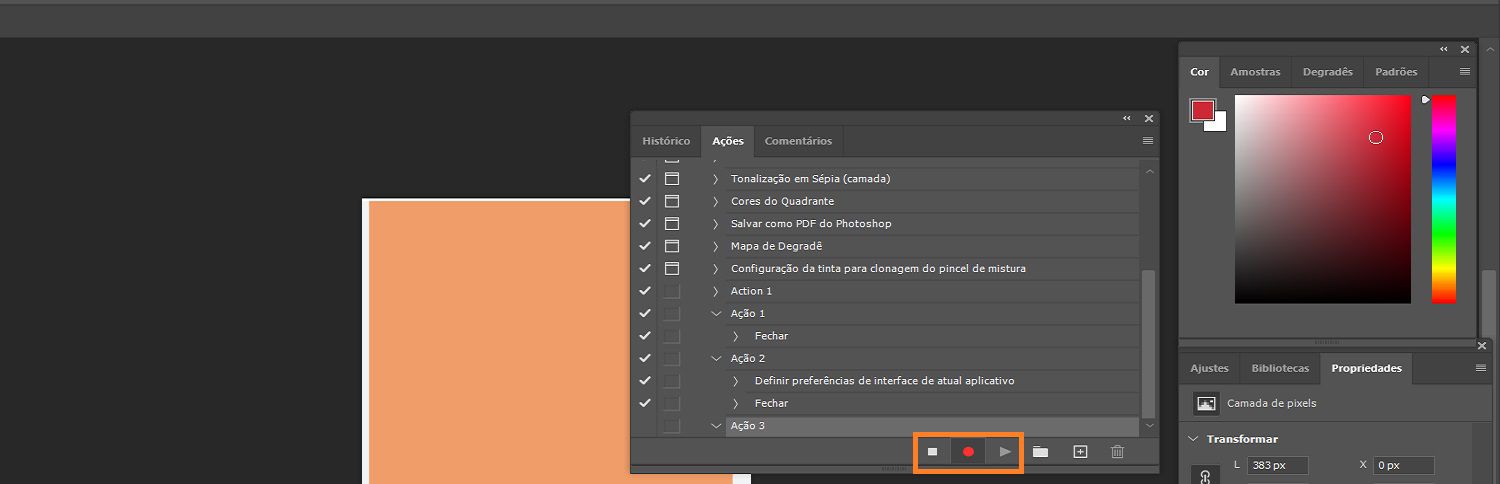 No painel Ações, o botão Pausar, Gravar e Reproduzir é destacado para gravar a ação. 