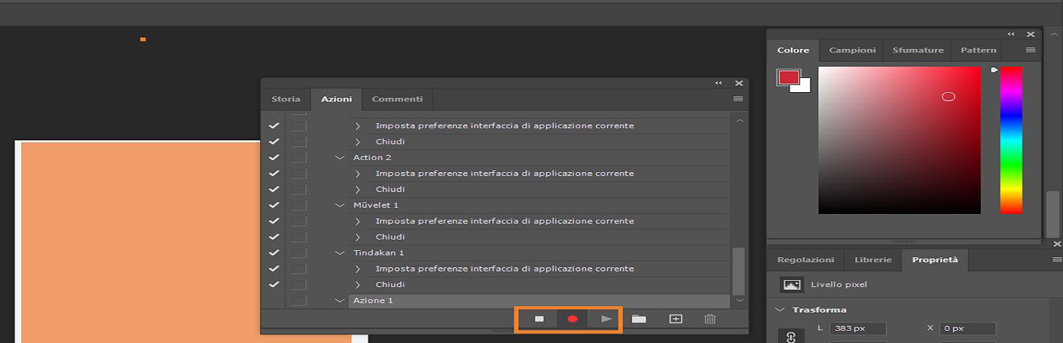 Nel pannello Azioni, il pulsante Pausa, Registra e Riproduci è evidenziato per registrare l'azione.