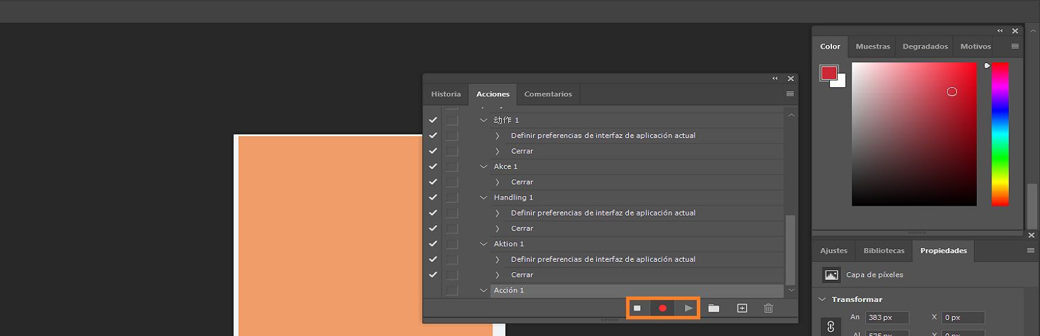 En el panel Actions, el botón Pausa, Grabar y Reproducir está resaltado para grabar la acción.