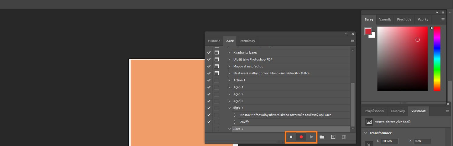 V panelu Akce je zvýrazněno tlačítko Pozastavit, Zaznamenat a Přehrát pro záznam akce.