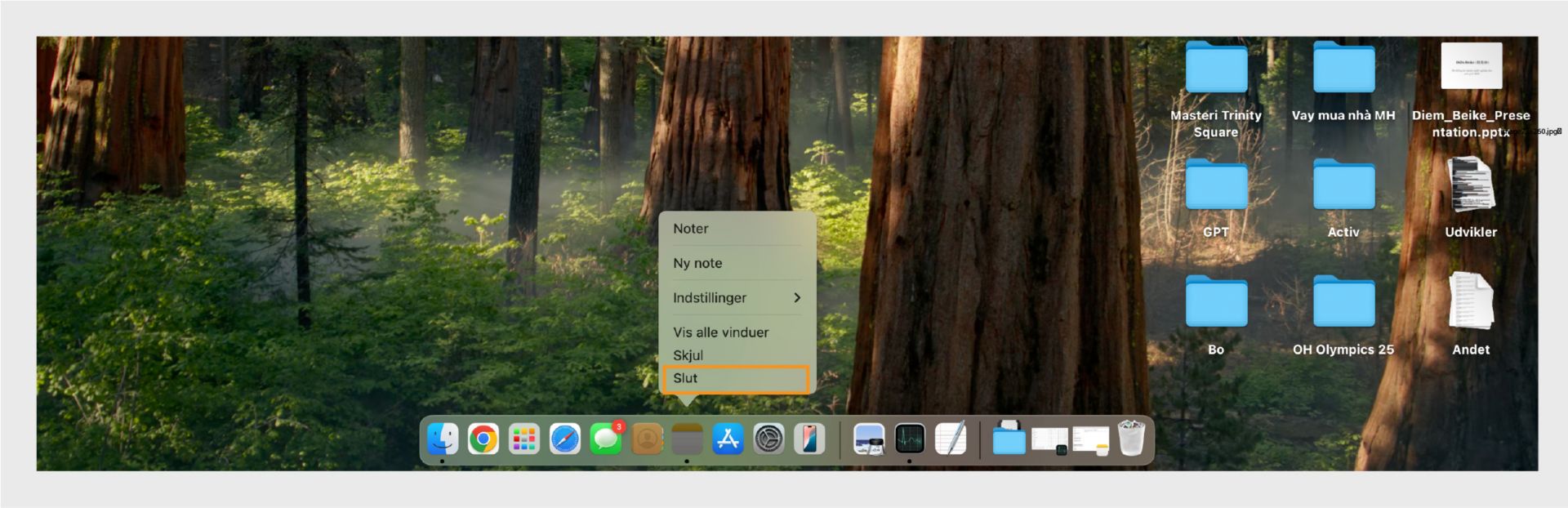 macOS-skærmen viser indstillingen Afslut for Adobe Acrobat.