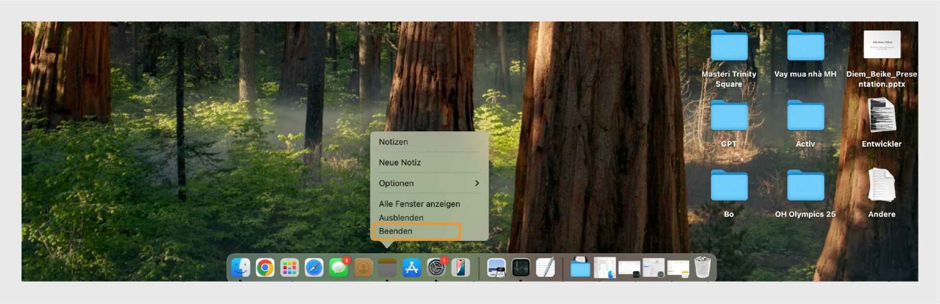 macOS-Bildschirm zeigt die Option „Beenden” für Adobe Acrobat an.