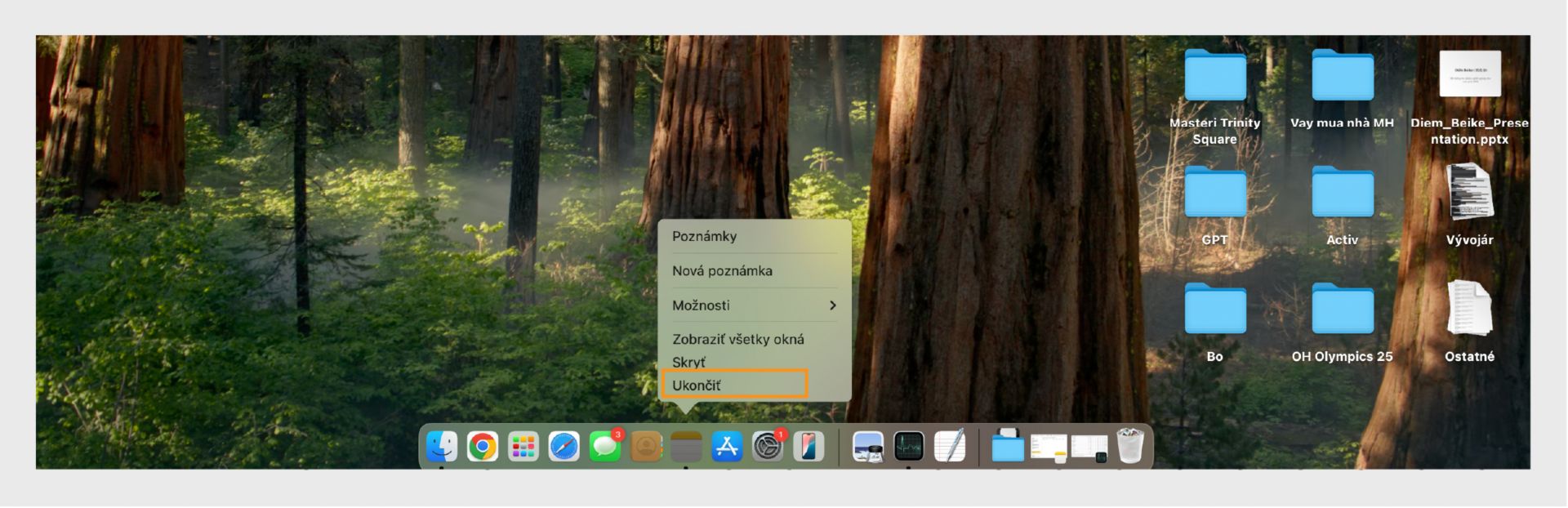 Obrazovka macOS zobrazuje možnosť Skončiť program pre adobe acrobat.
