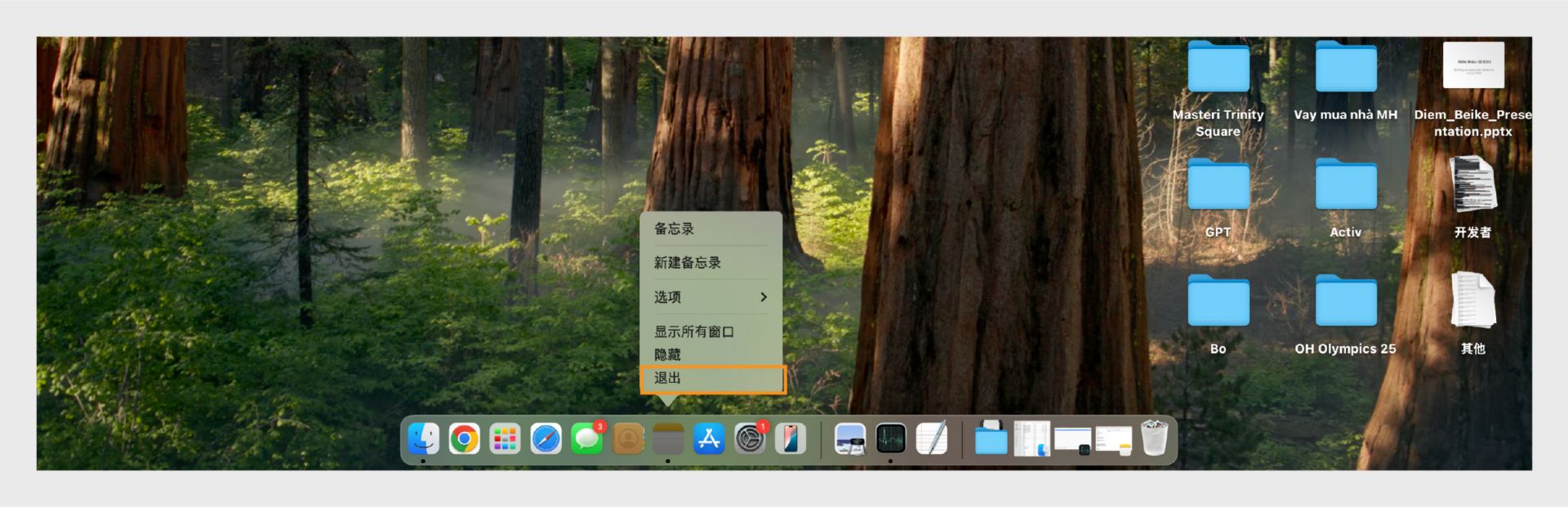 macOS 屏幕显示 Adobe Acrobat 的退出选项。