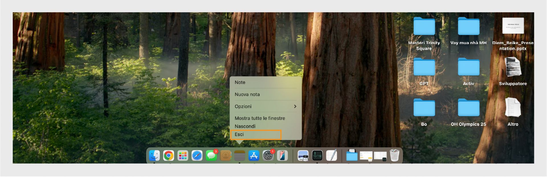 La schermata di macOS mostra l'opzione Esci per Adobe Acrobat.