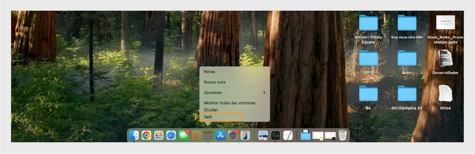 La pantalla de macOS muestra la opción Salir para Adobe Acrobat.