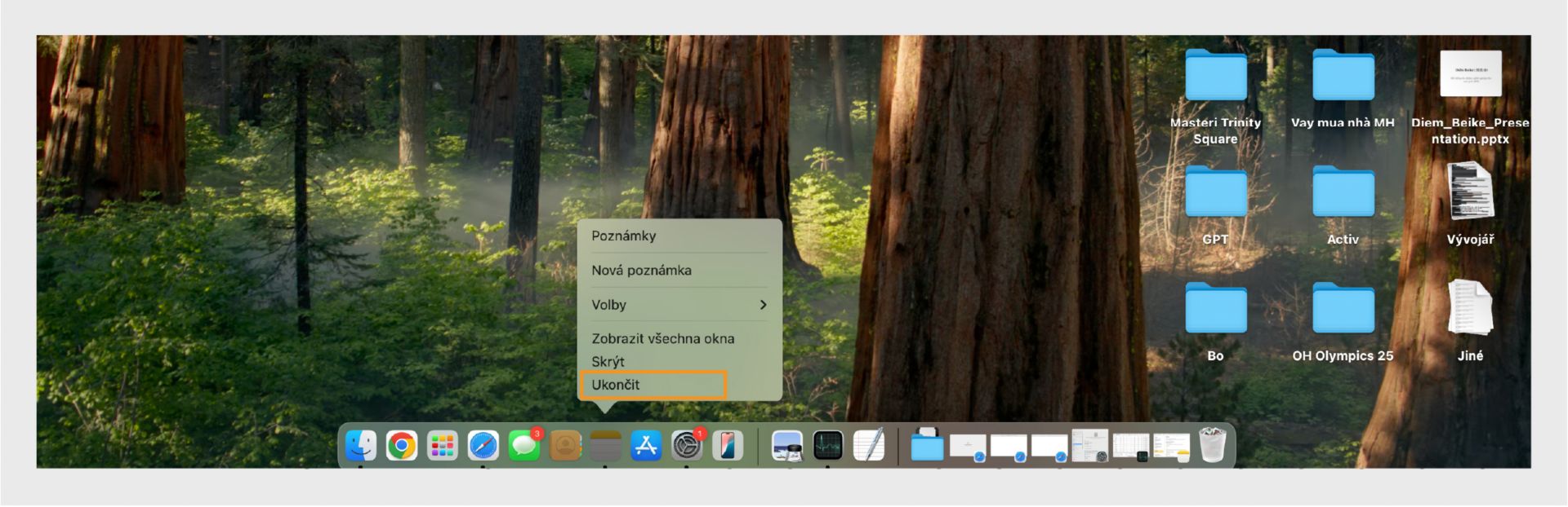 Obrazovka macOS zobrazuje možnost Konec pro Adobe Acrobat.