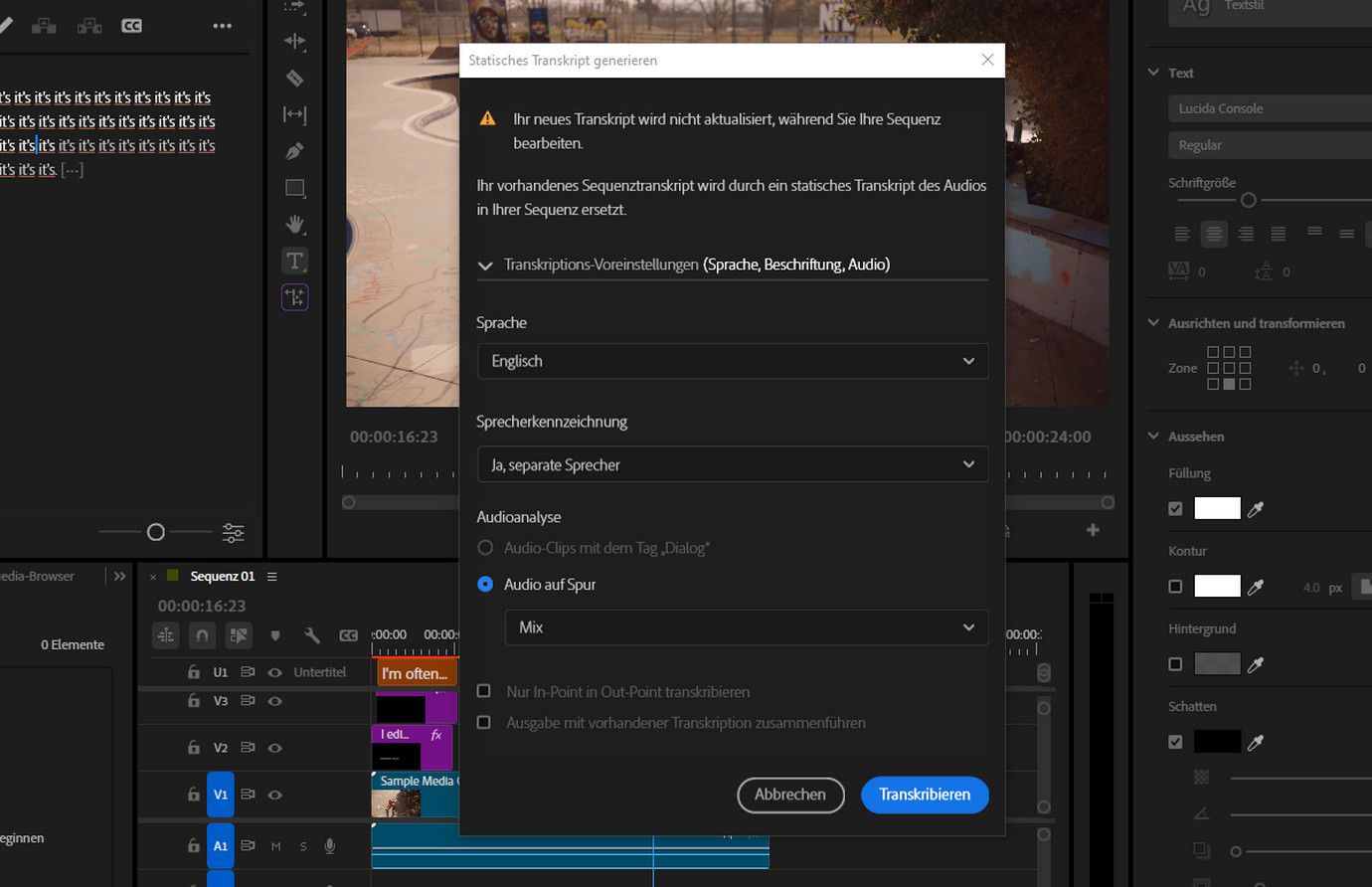Das Dialogfeld „Statisches Transkript generieren“ ist geöffnet und unter den Voreinstellungen für die Transkription sind mehrere Optionen verfügbar, unter anderem „Sprache“, „Sprecherkennzeichnung“, „Audioanalyse“, „Nur In-Point in Out-Point transkribieren“ und „Ausgabe mit vorhandener Transkription zusammenführen“.
