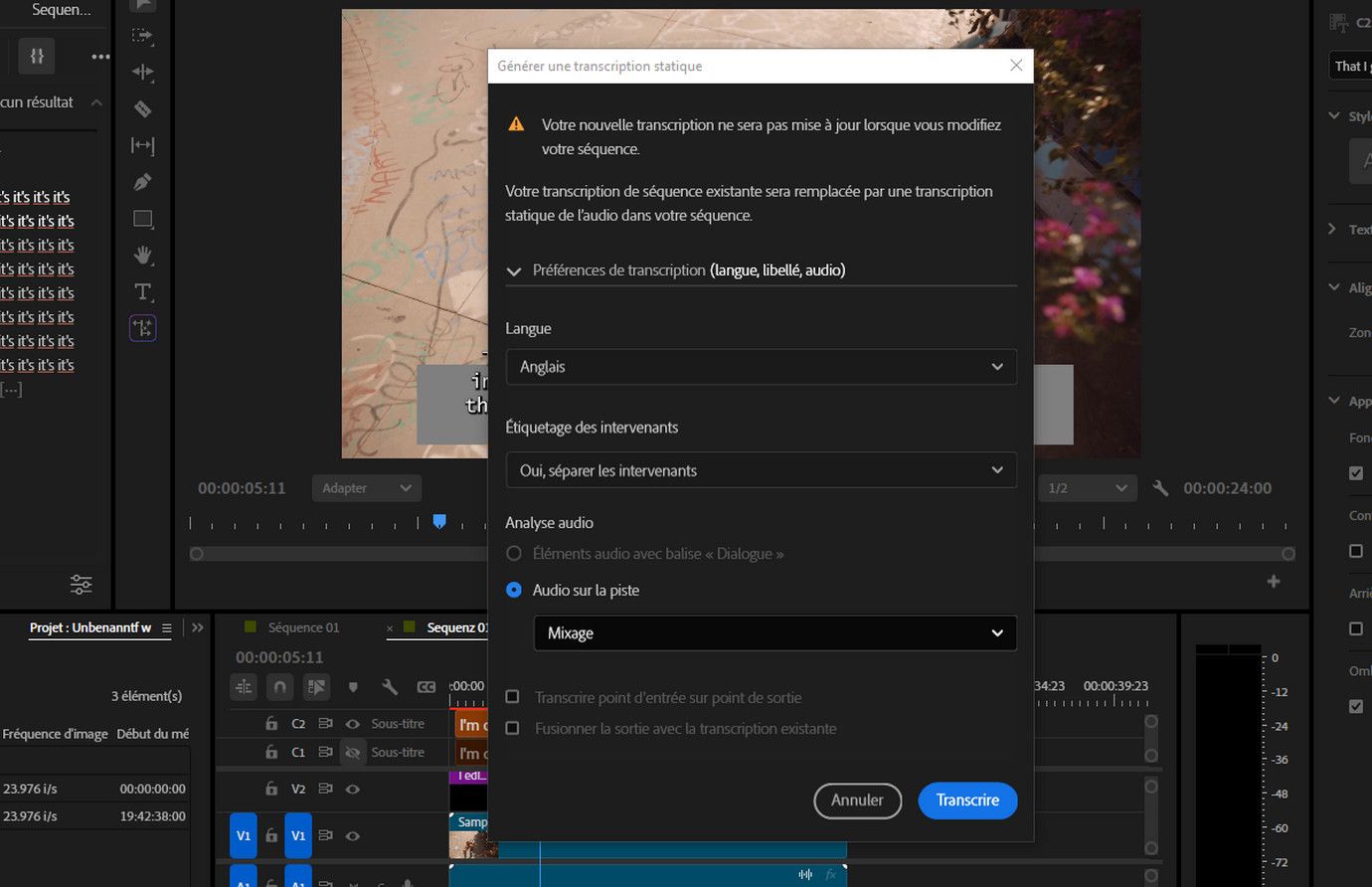 La boîte de dialogue Générer une transcription statique est ouverte et affiche plusieurs options sous les préférences de transcription, telles que la langue, l'étiquetage des intervenants, l'analyse audio, la transcription du point d'entrée sur point de sortie et la fusion de la sortie avec la transcription existante.