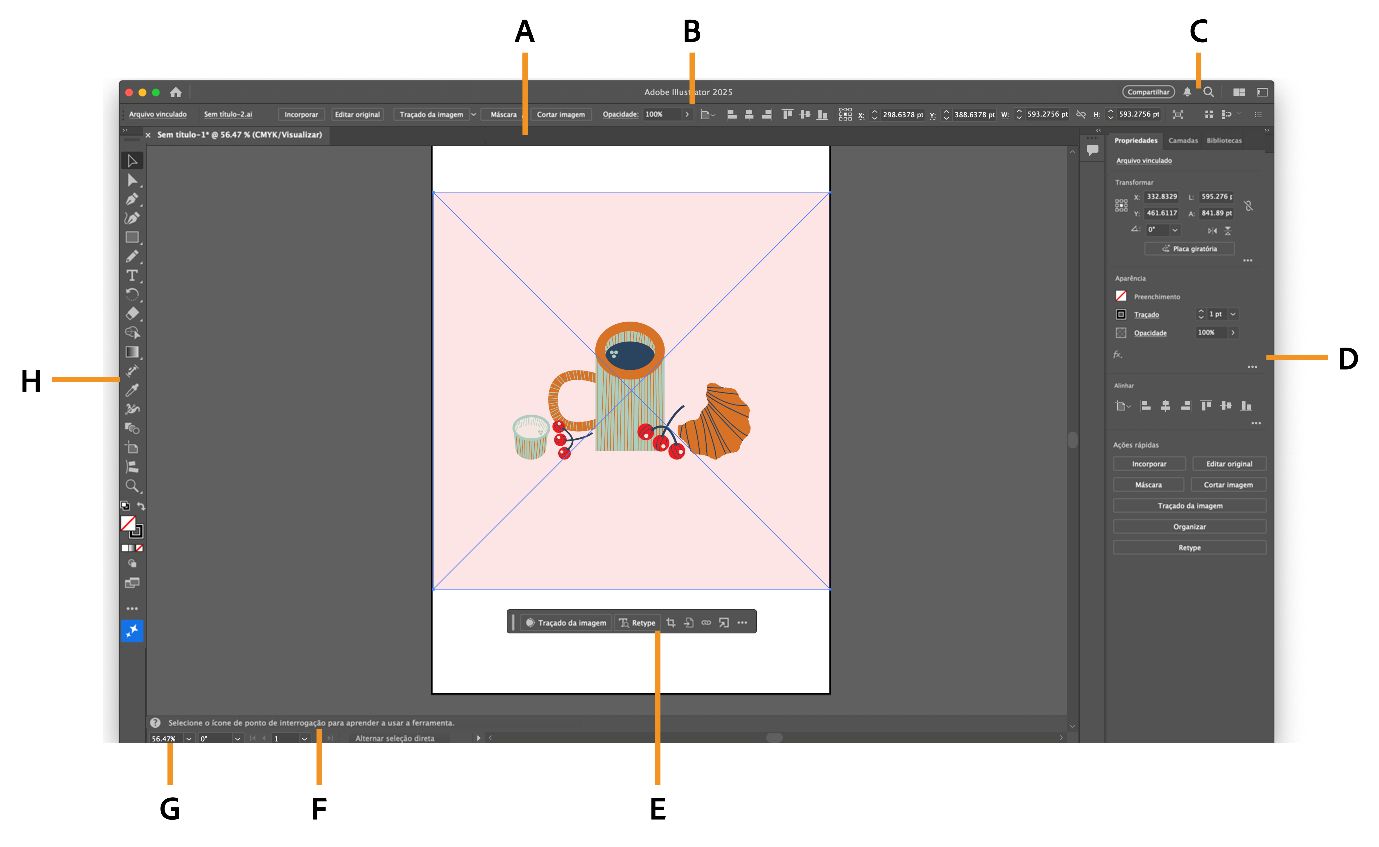 Espaço de trabalho do Illustrator com vários componentes destacados.