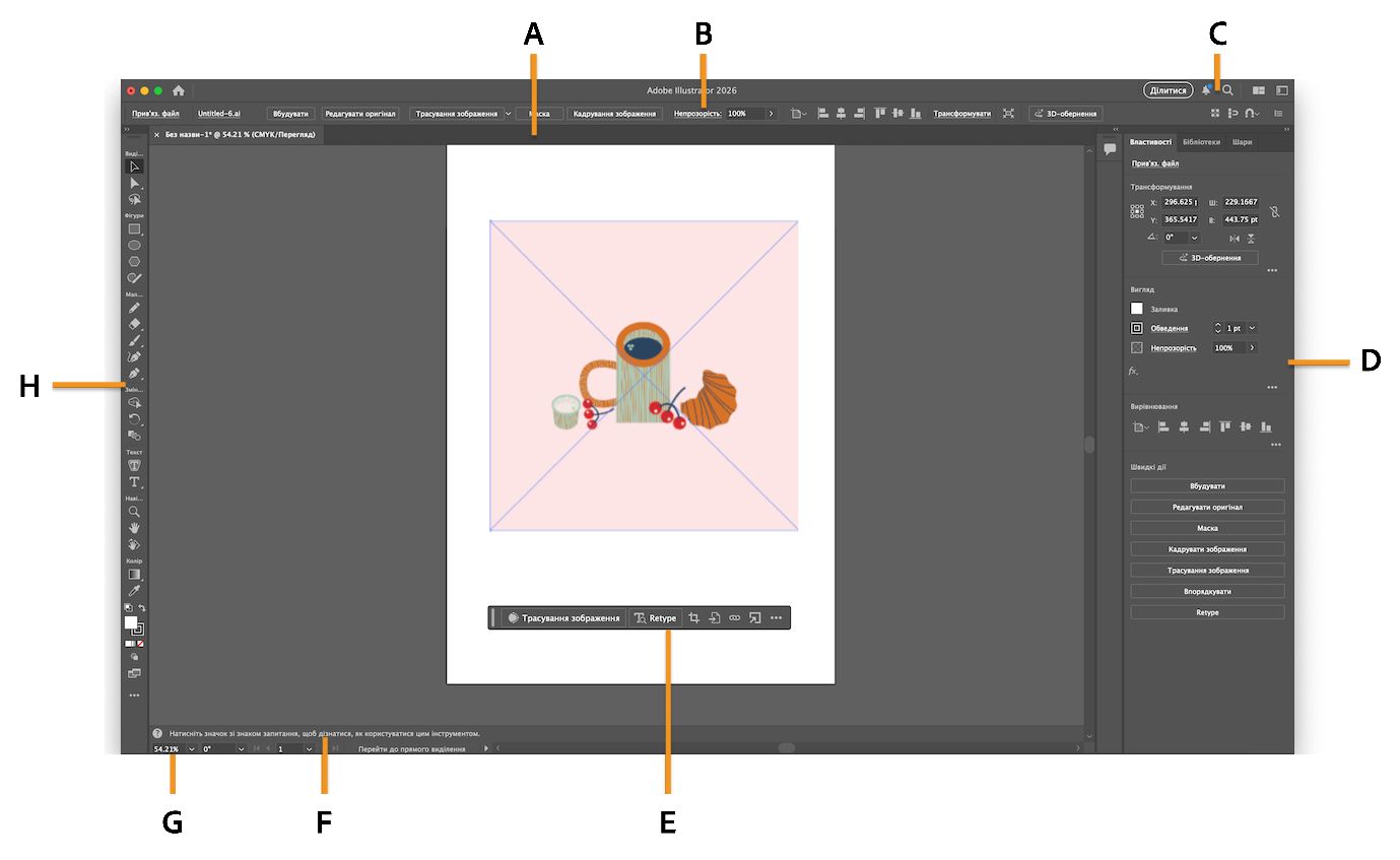 У робочому просторі Illustrator виділено різні компоненти.