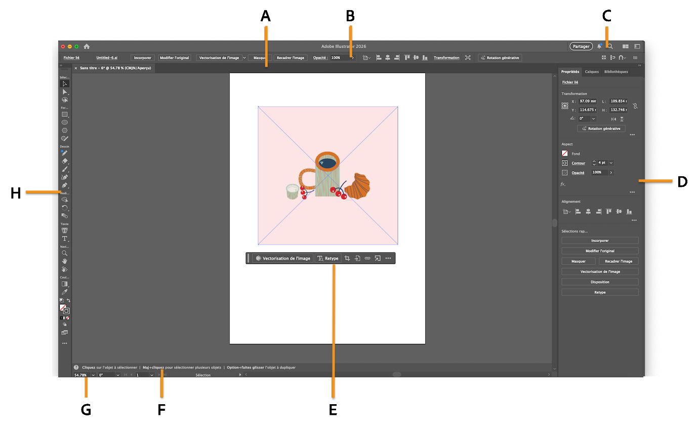 Espace de travail d’Illustrator avec différents composants mis en évidence.