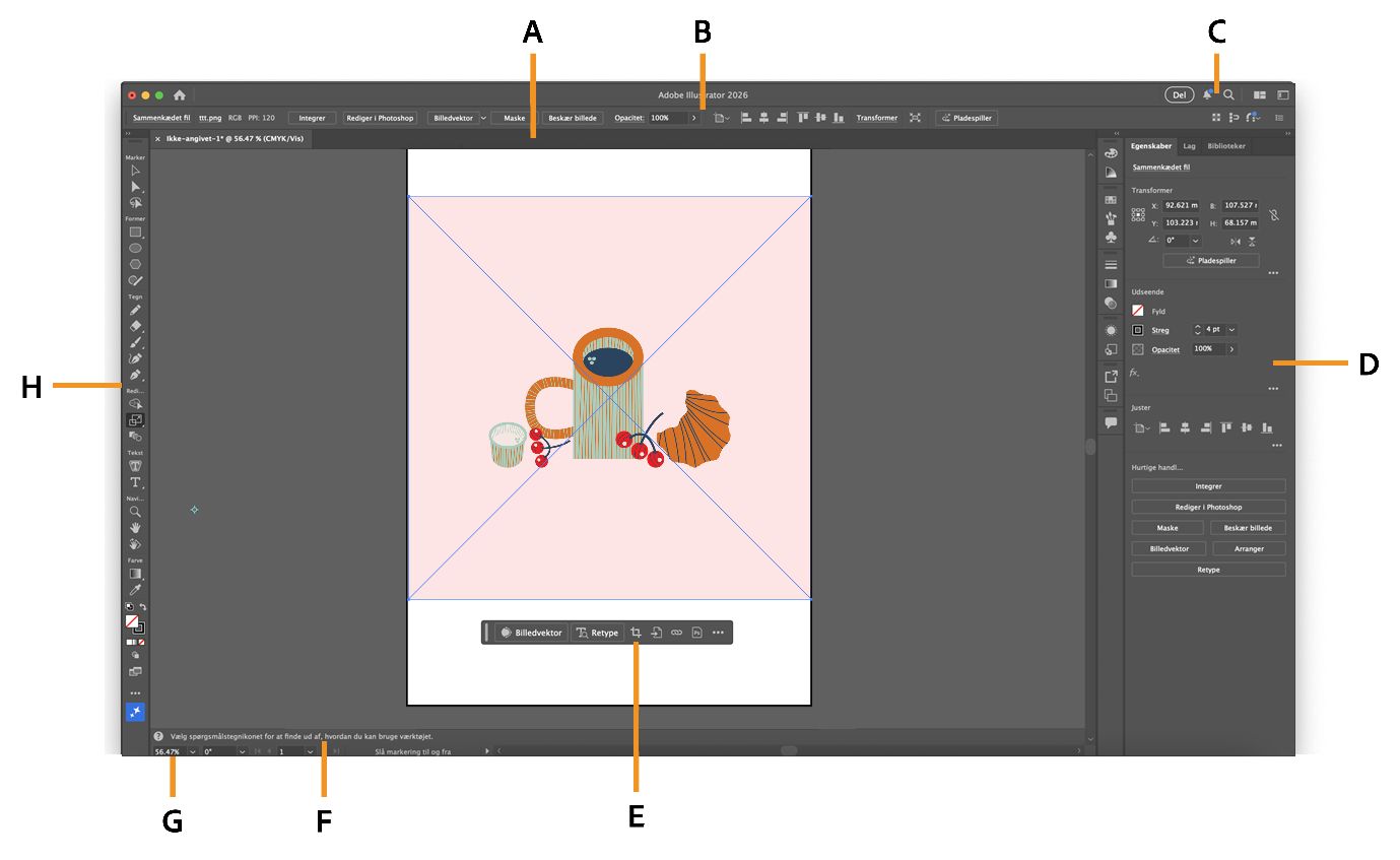 Arbejdsrum i Illustrator med forskellige fremhævede komponenter.