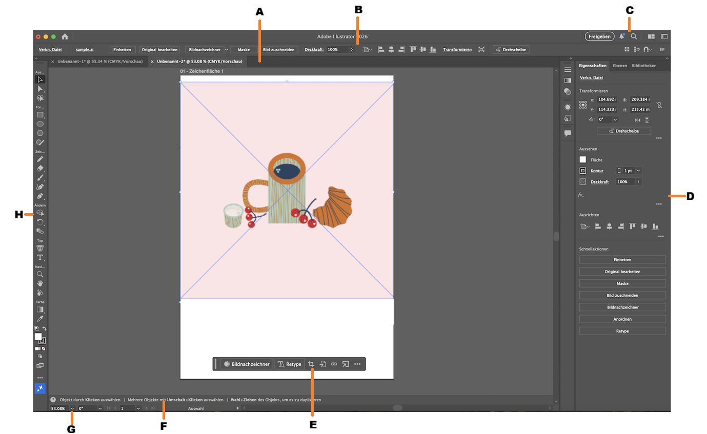 Illustrator-Arbeitsbereich mit hervorgehobenen verschiedenen Komponenten.
