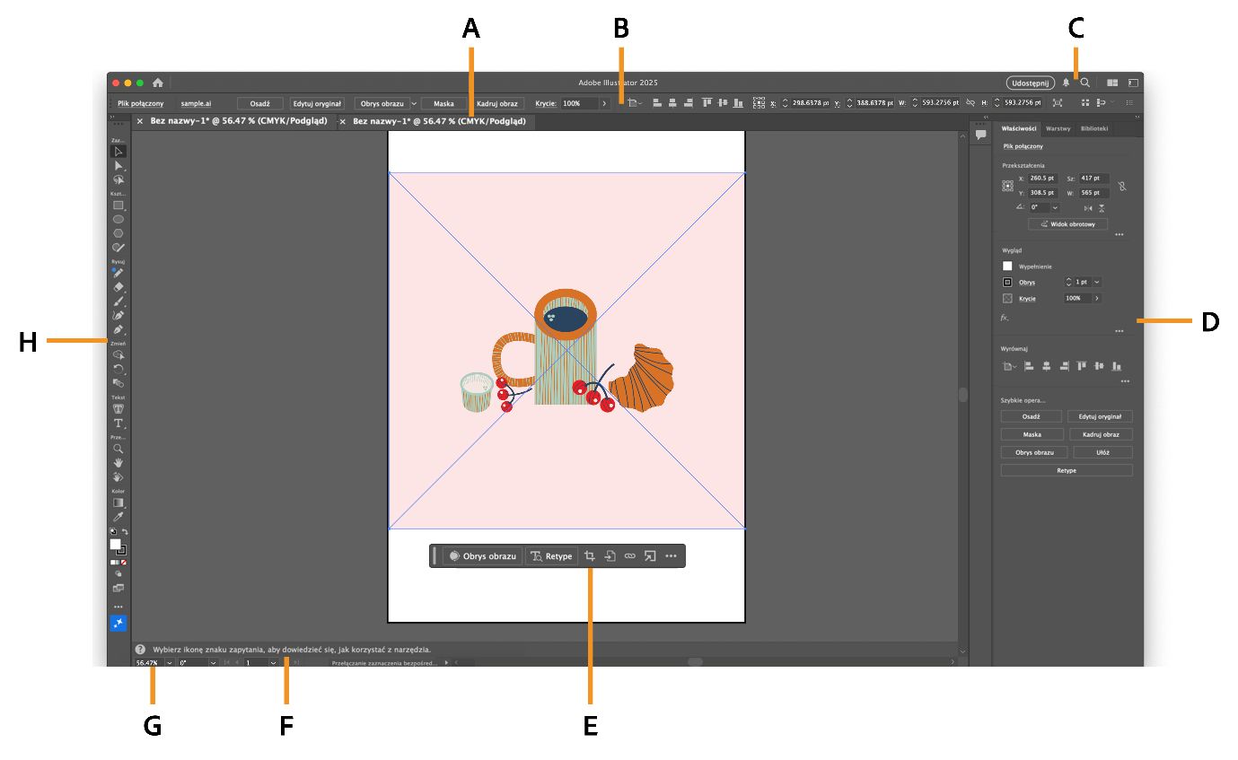 Przestrzeń robocza Illustrator z wyróżnionymi różnymi komponentami.