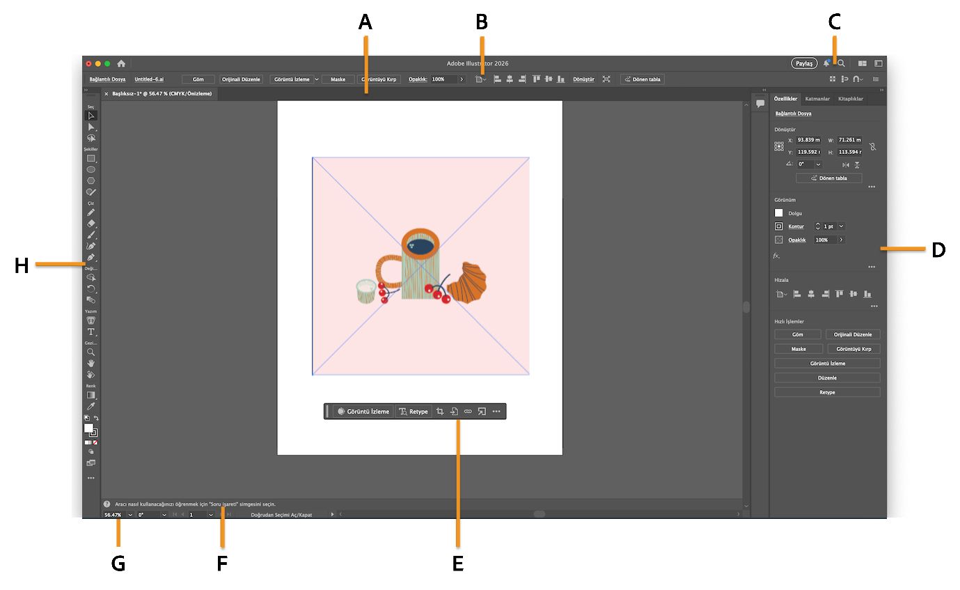 Çeşitli bileşenleri vurgulanmış Illustrator çalışma alanı.