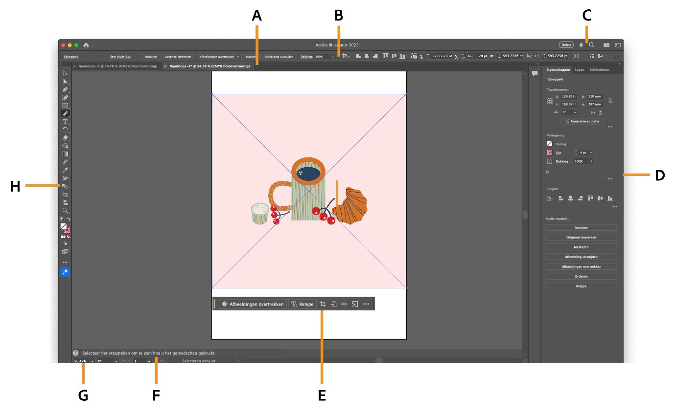 Illustrator werkruimte met verschillende gemarkeerde onderdelen.