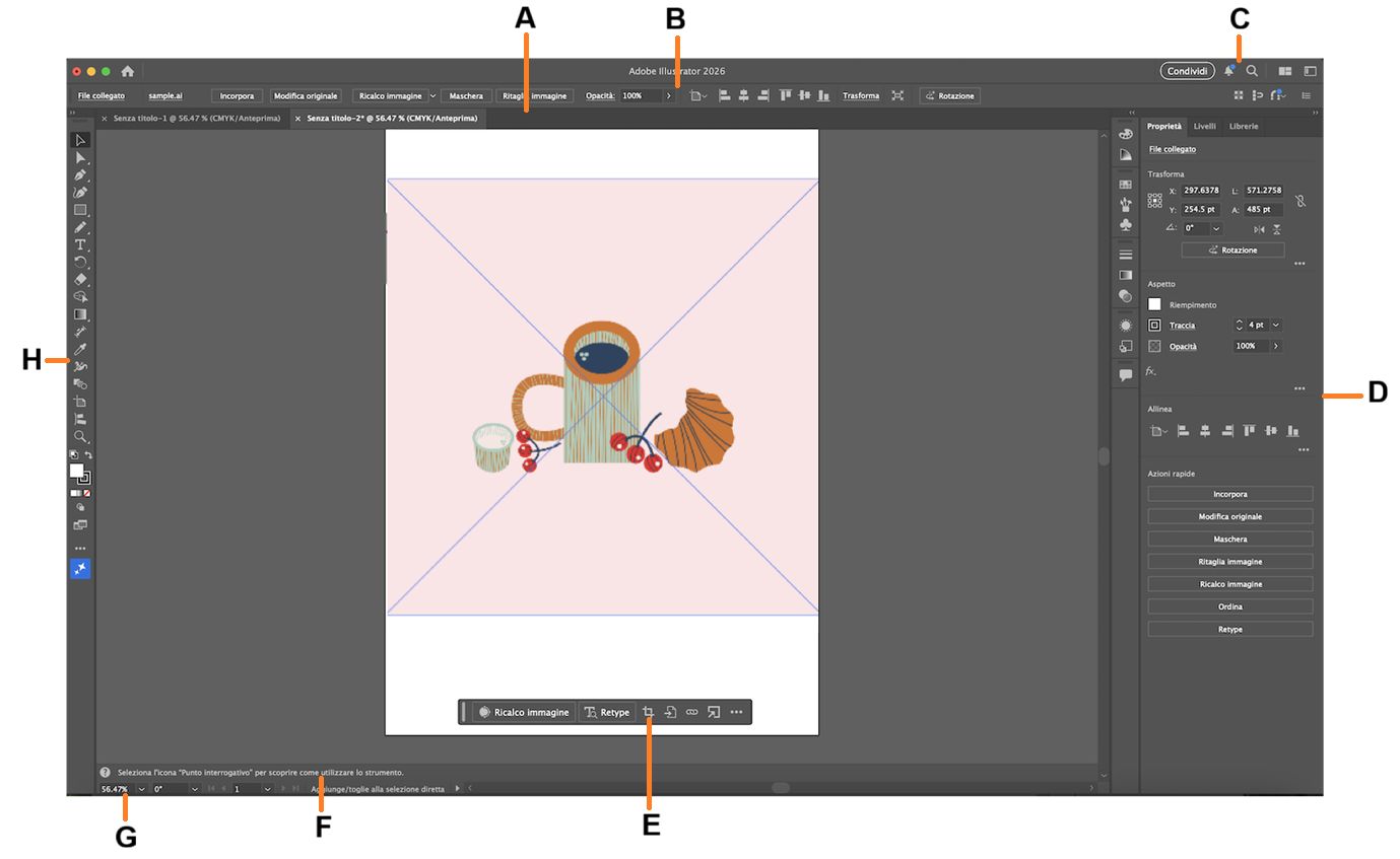 Area di lavoro di Illustrator con vari componenti evidenziati.