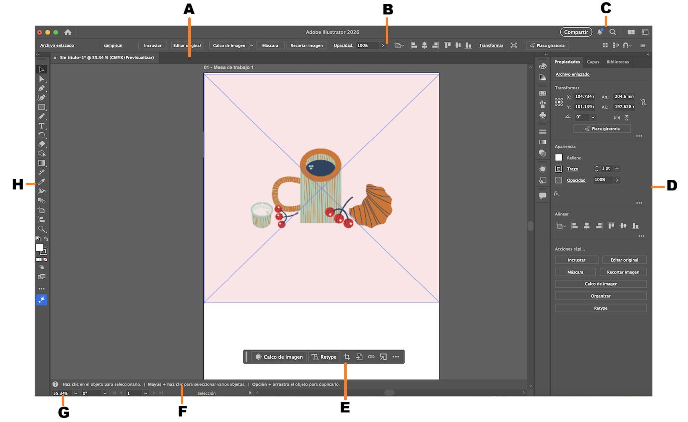 Espacio de trabajo de Illustrator con varios componentes resaltados.