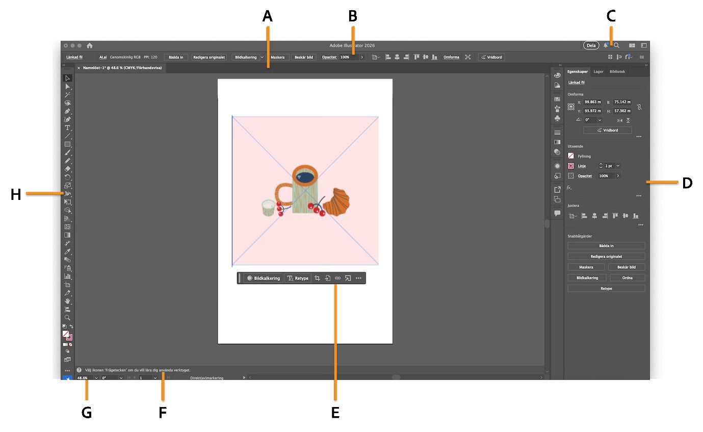 Illustrator-arbetsyta med olika komponenter markerade.
