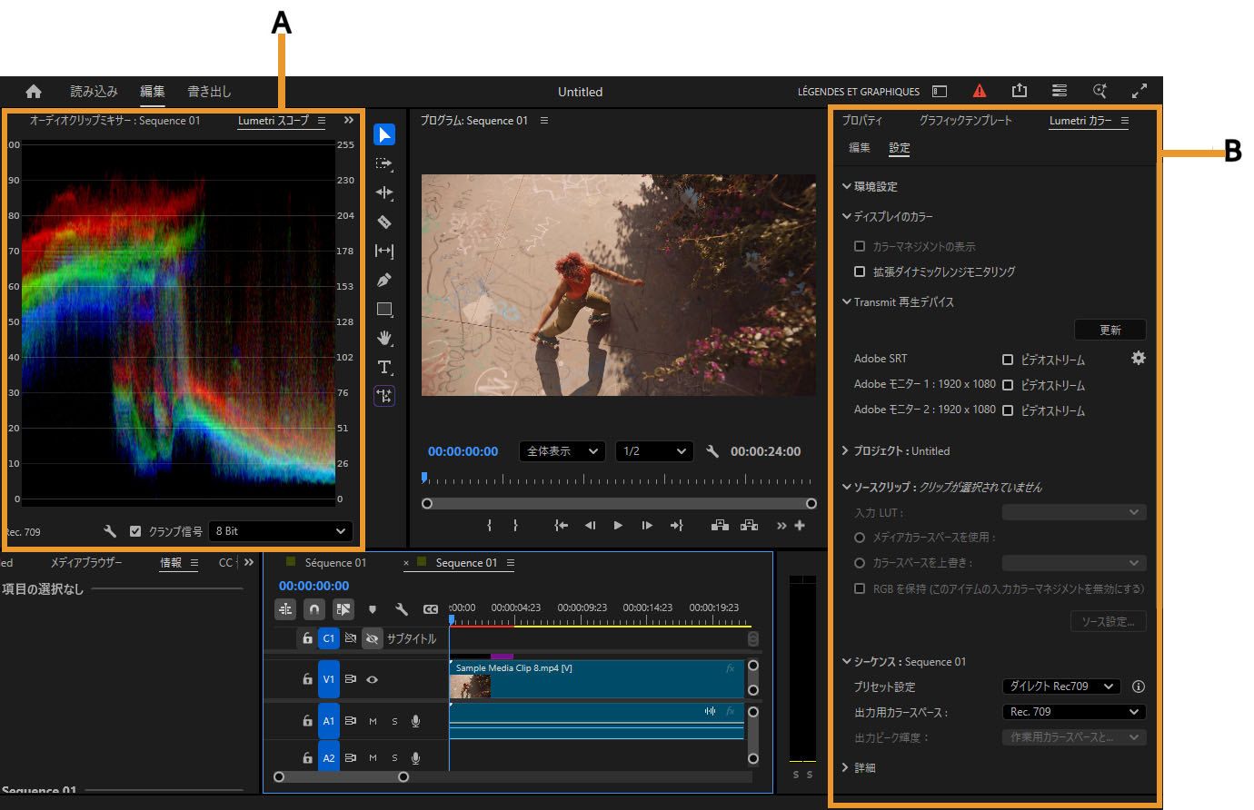 Lumetri カラーと Lumetri スコープがハイライト表示され、カラーグレーディングのコントロールとスコープが表示されているカラーワークスペース。