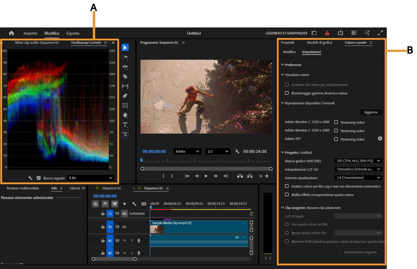 Рабочая среда для работы с цветом с выделенными параметрами «Цвет Lumetri» и «Области Lumetri», отображающая элементы управления цветокоррекцией и областями.