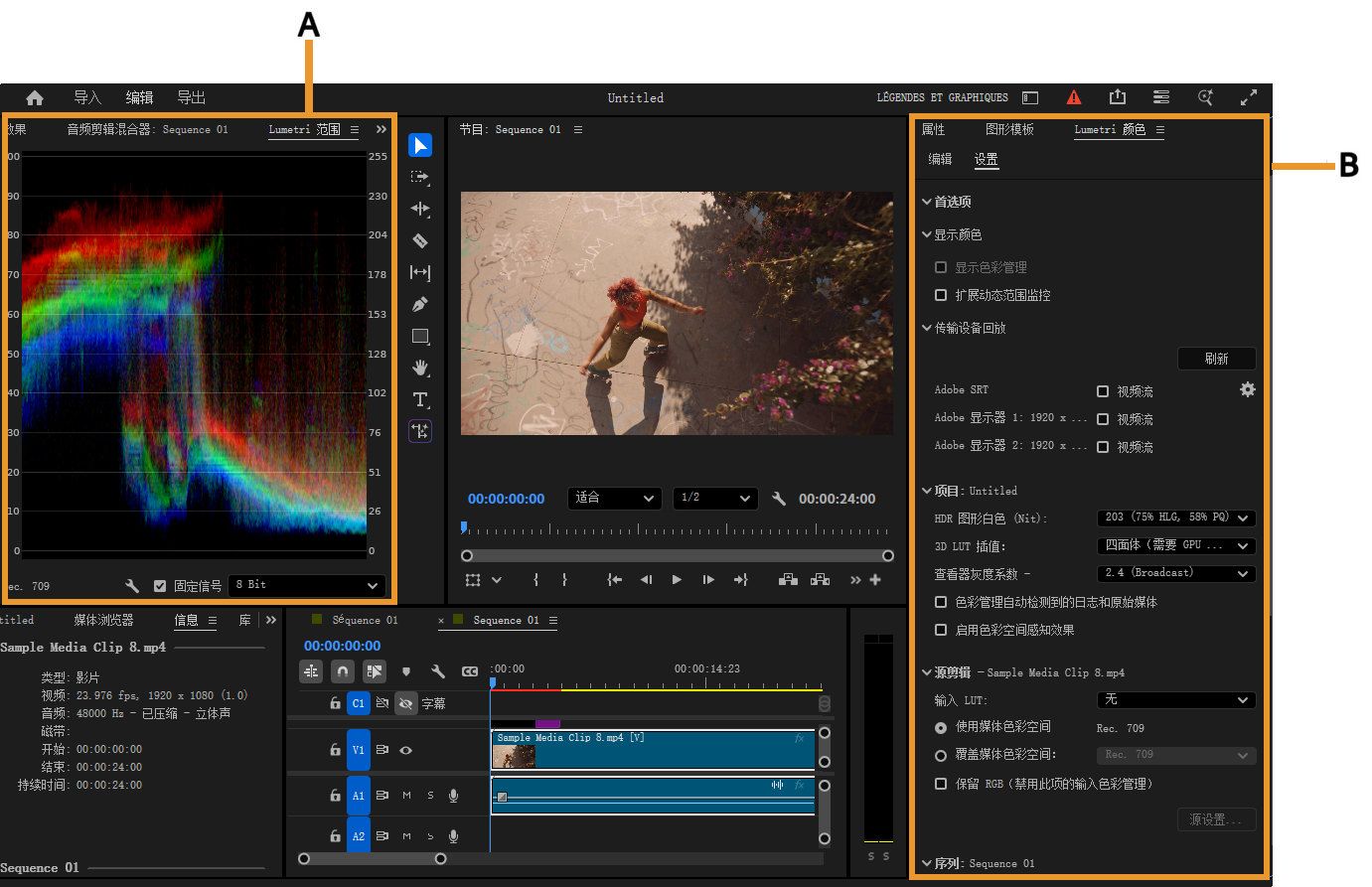 突出显示“Lumetri 颜色”和“Lumetri 示波器”色彩工作区，并显示颜色分级控件和示波器。
