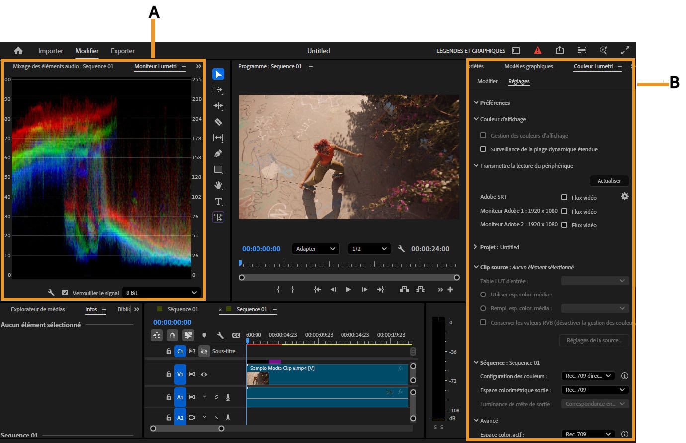 L’espace de travail de couleur avec Couleur Lumetri et Domaines Lumetri mis en évidence et les commandes d’étalonnage des couleurs et les domaines affichés.