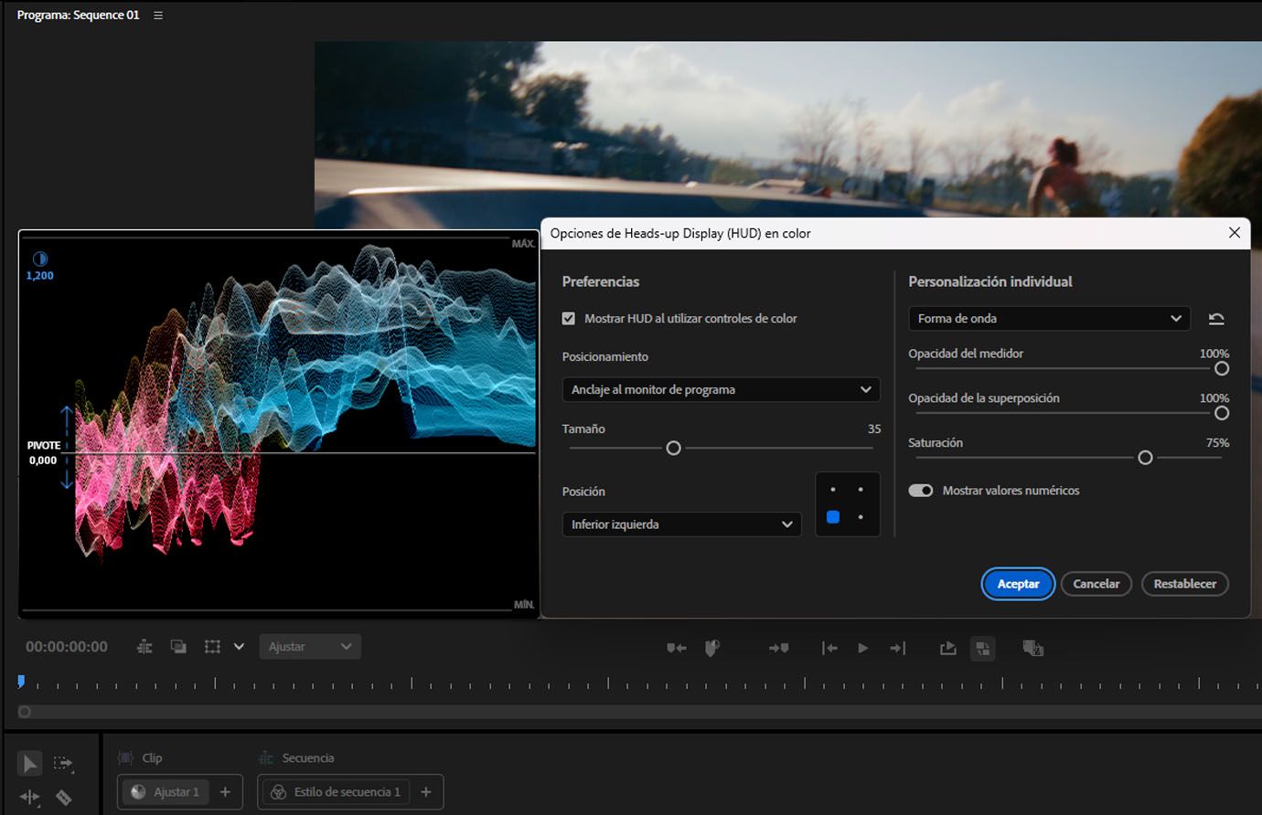 Superposición HUD con vectorscopio visible mientras se ajusta un control de color en el panel Color.
