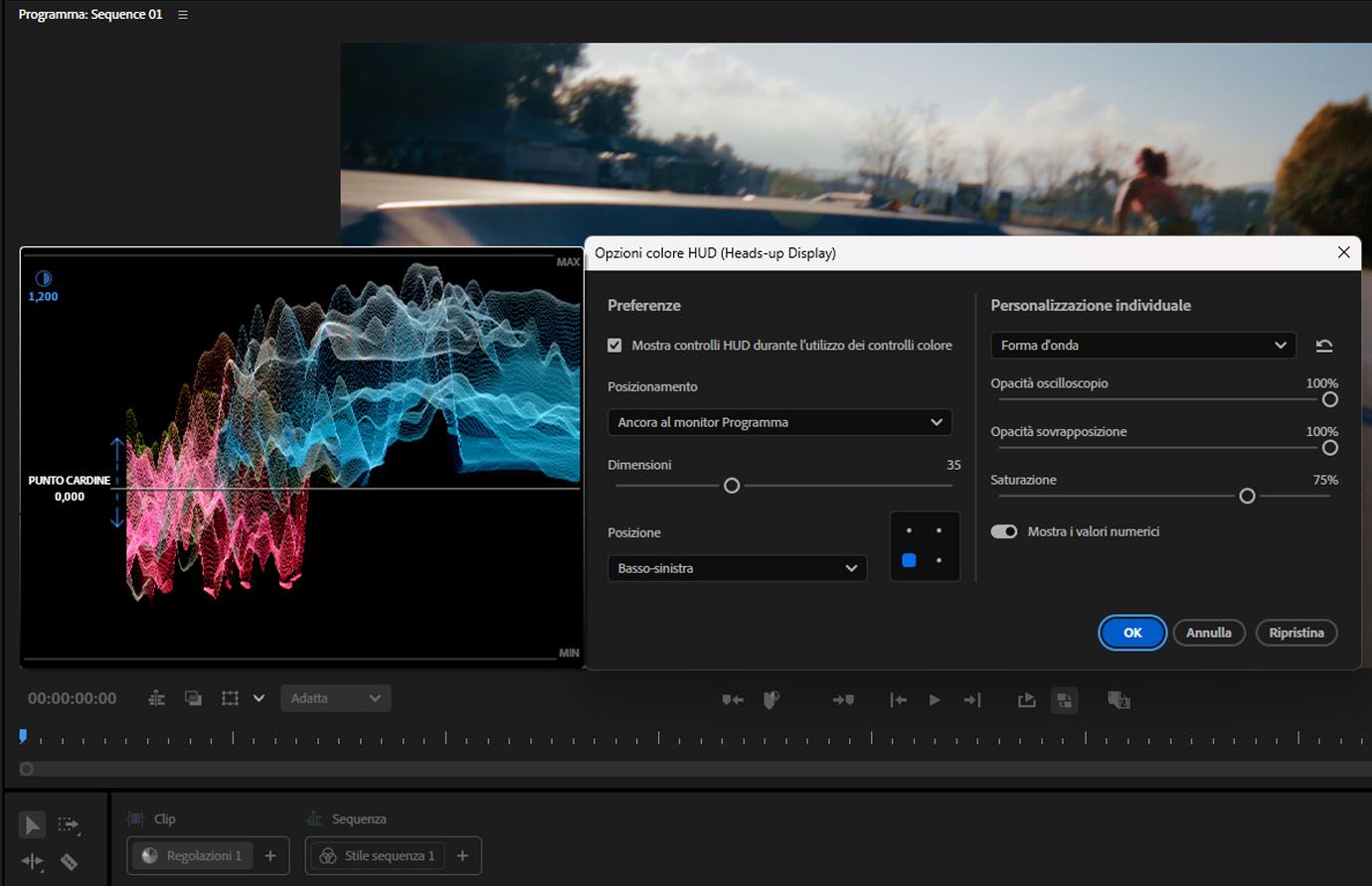 Sovrapposizione HUD con vectorscope visibile durante la regolazione di un controllo colore nel pannello Colore.