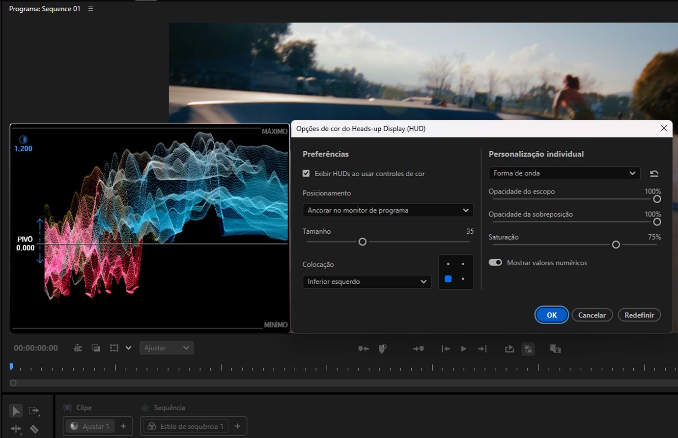 Sobreposição de HUD com vectorscope visível ao ajustar um controle de cor no painel Cor.