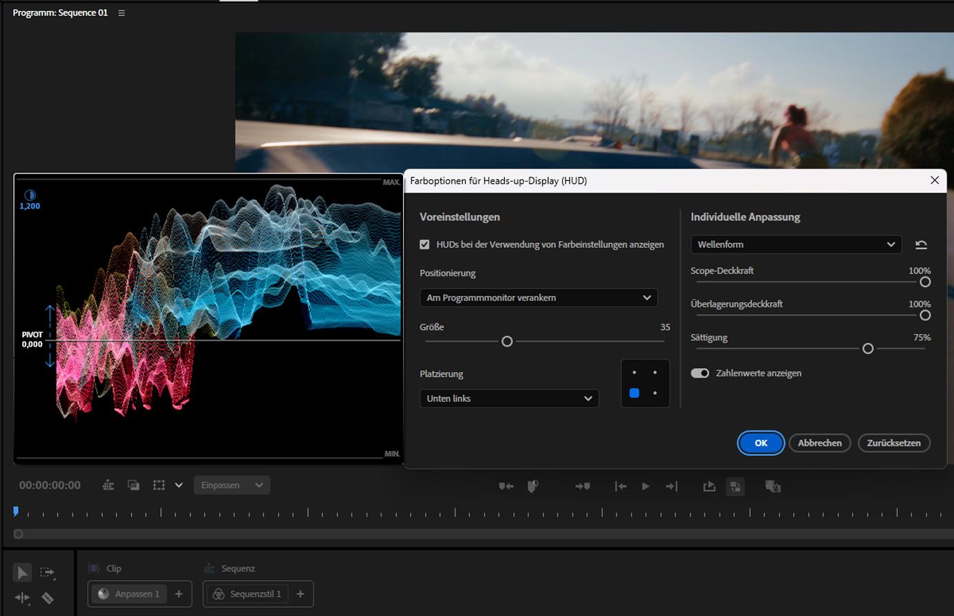 HUD-Überlagerung mit sichtbarem Vektorbereich beim Anpassen einer Farbsteuerung im Farb-Bedienfeld.