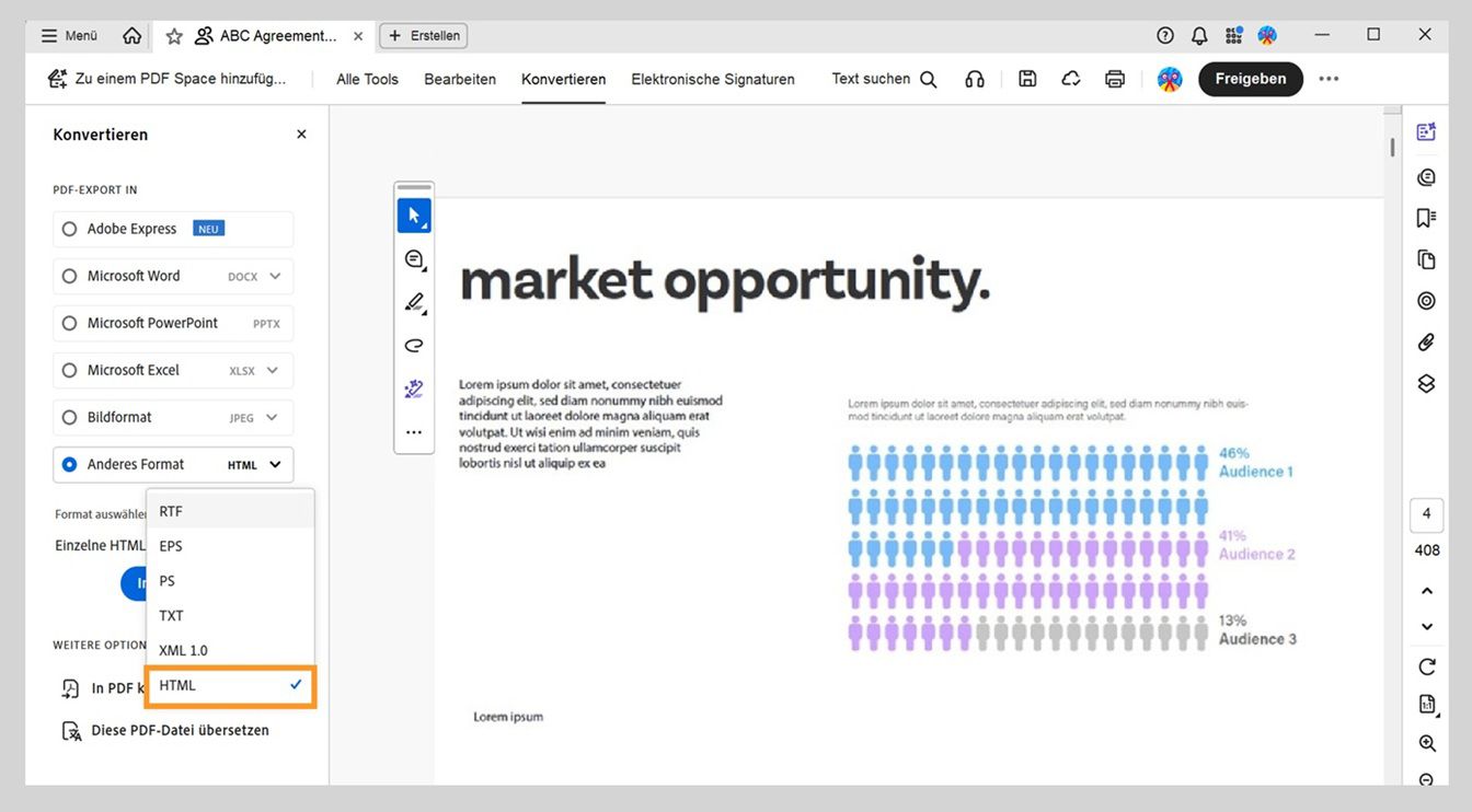 Das Bedienfeld „Konvertieren&quot; zeigt die HTML-Option, die im Dropdown-Menü „Andere Formate&quot; ausgewählt ist.