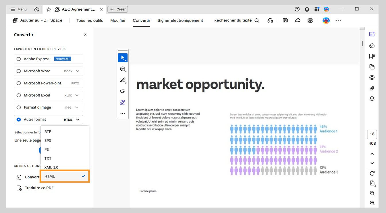 Le panneau Convertir présente l’option HTML sélectionnée dans le menu déroulant Autre format.
