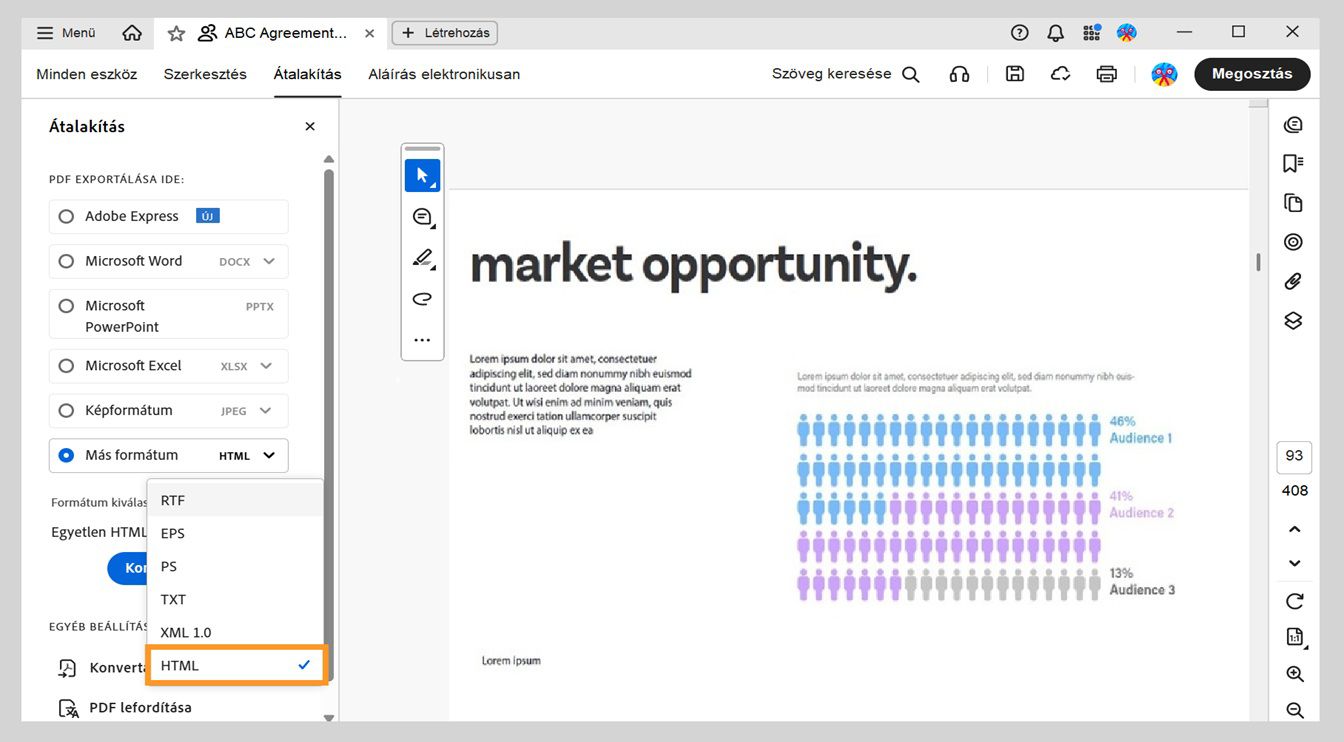 A Konvertálás panel az Egyéb formátum legördülő menüben kiválasztott HTML-opciót jeleníti meg.